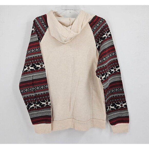 Red Noise Reindeer Women L Pull-on Hooded Sweatshirt Beige w/Holiday Print - Picture 2 of 4